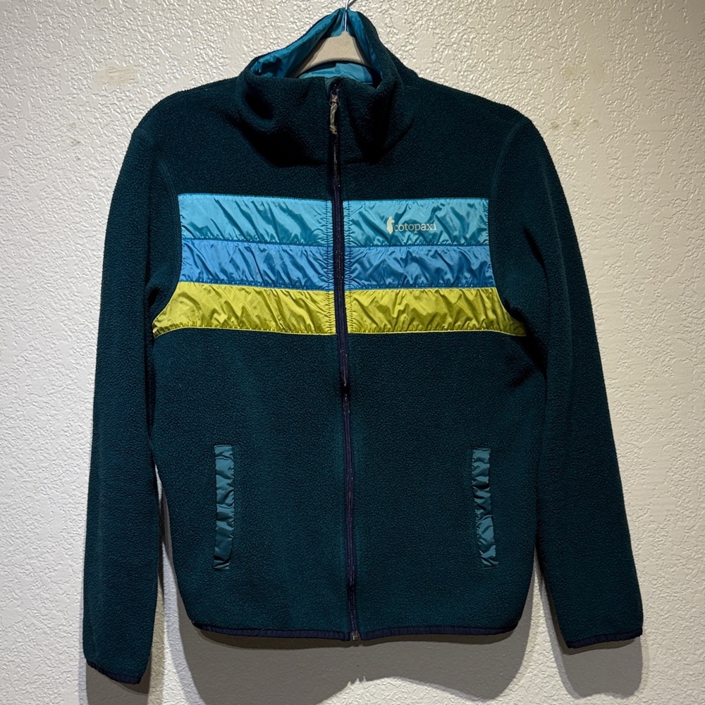 Cotopaxi Women's Teal Jacket with Blue and Yellow Stripes